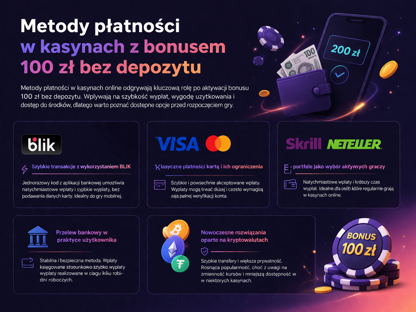 Metody płatności w kasynach z bonusem 100 zł
